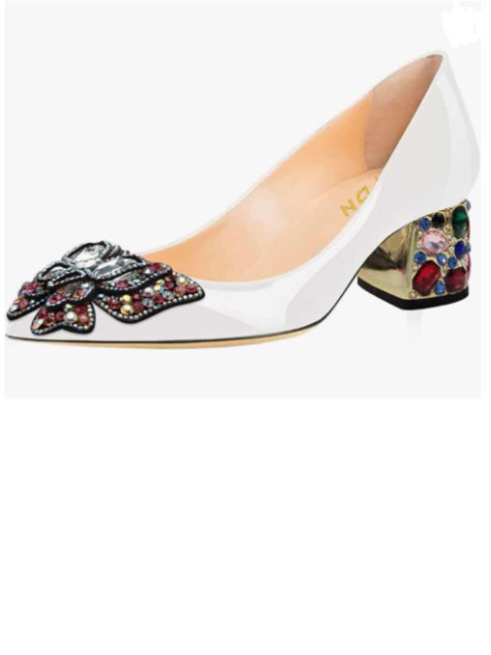 YDN White Patent Low Heel Pumps with Multicolor Gem Embellishments